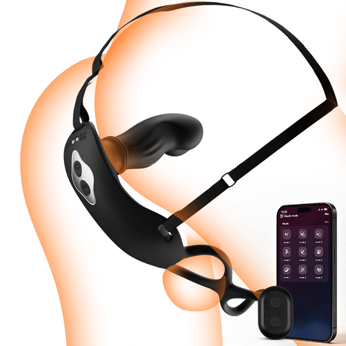 Hugo - Draagbare prostaatstimulator met stuwbewegingen, riemen en dubbele bediening via app en afstandsbediening